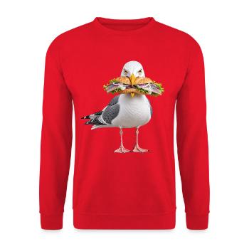 Silbermoewe-mit-Fischbroetchen Möwe - Unisex Pullover - Rot - Vorne - Alina (178cm) & Michal (187cm)