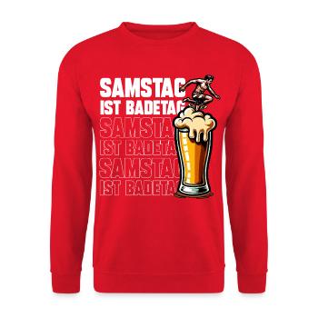Samstag ist Badetag Surf & Bier - Unisex Pullover - Rot - Vorne - Alina (178cm) & Michal (187cm)
