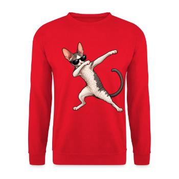 Dabbing Cornish Rex – Coole Lockenkatze - Unisex Pullover - Rot - Vorne - Alina (178cm) & Michal (187cm)