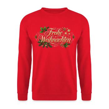 Frohe Weihnachten - Goldener Schriftzug - Unisex Pullover - Rot - Vorne - Alina (178cm) & Michal (187cm)