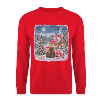 Winterwald Bär am Kamin - Unisex Pullover - Rot - Vorne - Alina (178cm) & Michal (187cm)