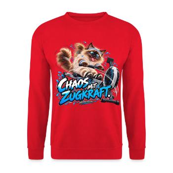 Chaos mit Zugkraft – Lustiger Fitness-Kater  - Unisex Pullover - Rot - Vorne - Alina (178cm) & Michal (187cm)