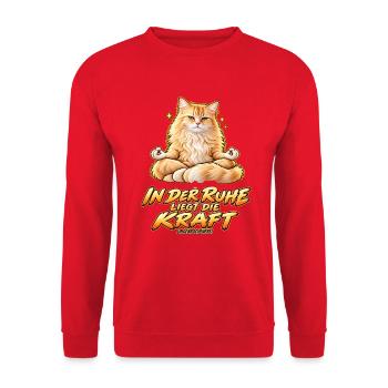 In der Ruhe liegt die Kraft – Meditierende Katze m - Unisex Pullover - Rot - Vorne - Alina (178cm) & Michal (187cm)