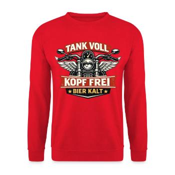 Tank voll Kopf frei – Motorrad Spruch - Unisex Pullover - Rot - Vorne - Alina (178cm) & Michal (187cm)