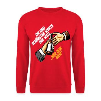Die Drei schönsten Worte der Welt: Hier dein Bier - Unisex Pullover - Rot - Vorne - Alina (178cm) & Michal (187cm)