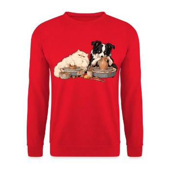 Perserkatze und Border Collie beim Töpfern - Unisex Pullover - Rot - Vorne - Alina (178cm) & Michal (187cm)