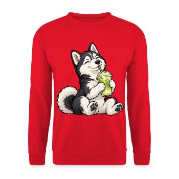 Husky mit Matcha Latte – Süßes Hundemotiv - Unisex Pullover - Rot - Vorne - Alina (178cm) & Michal (187cm)