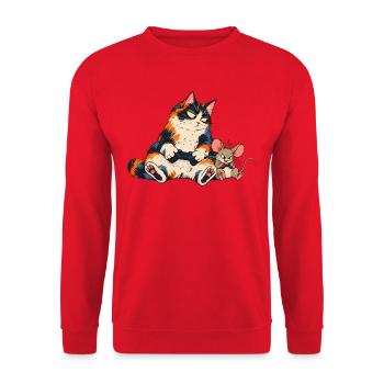 Katze und Maus beim Gaming - Unisex Pullover - Rot - Vorne - Alina (178cm) & Michal (187cm)