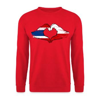 Thailand Polen Flagge Hände Herzform used - Unisex Pullover - Rot - Vorne - Alina (178cm) & Michal (187cm)