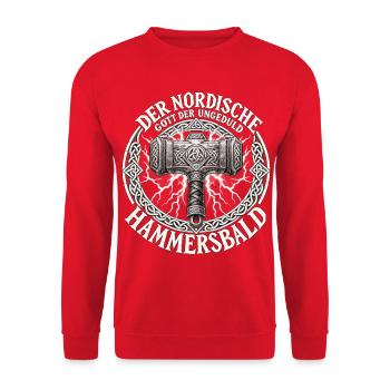 Hammersbald – Nordischer Gott der Ungeduld - Unisex Pullover - Rot - Vorne - Alina (178cm) & Michal (187cm)