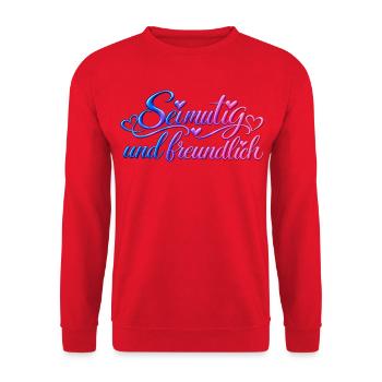 Sei mutig und freundlich – Motivationsspruch mit H - Unisex Pullover - Rot - Vorne - Alina (178cm) & Michal (187cm)