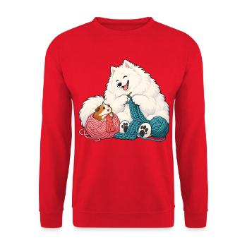 Samojede und Meerschweinchen beim Stricken - Unisex Pullover - Rot - Vorne - Alina (178cm) & Michal (187cm)