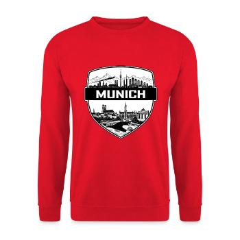 München, Deutschland Schild Wappen Frauenkirche Geschenk - Unisex Pullover - Rot - Vorne - Alina (178cm) & Michal (187cm)