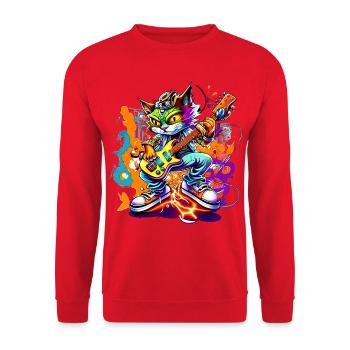Trendy Cartoon-Katze mit Gitarre - Unisex Pullover - Rot - Vorne - Alina (178cm) & Michal (187cm)
