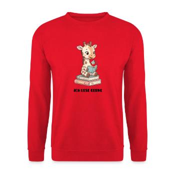 Lernende Giraffe mit Lesestapel - Unisex Pullover - Rot - Vorne - Alina (178cm) & Michal (187cm)