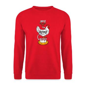 Input Putput Output Huhn Hühner Humor - Unisex Pullover - Rot - Vorne - Alina (178cm) & Michal (187cm)
