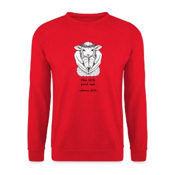 Jesus – Der gute Hirte - Unisex Pullover - Rot - Vorne - Alina (178cm) & Michal (187cm)
