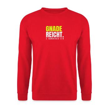 Gnade reicht – 2. Korinther 12,9 - Unisex Pullover - Rot - Vorne - Alina (178cm) & Michal (187cm)