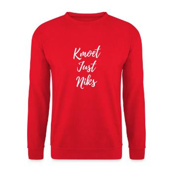 Kmoet just niks, Antwerpener Dialekt Hemden - Unisex Pullover - Rot - Vorne - Alina (178cm) & Michal (187cm)