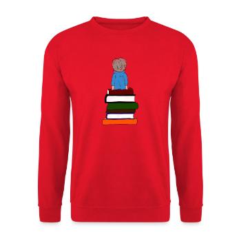 Junge auf Buchstapel Buchliebhaber  - Unisex Pullover - Rot - Vorne - Alina (178cm) & Michal (187cm)