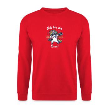 Ich bin die Braut – Einhorn JGA weiss - Unisex Pullover - Rot - Vorne - Alina (178cm) & Michal (187cm)