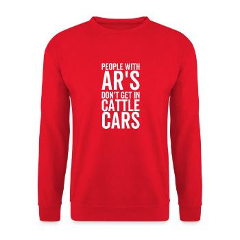 Menschen mit Ar's steigen nicht in Viehwaggons - Unisex Pullover - Rot - Vorne - Alina (178cm) & Michal (187cm)