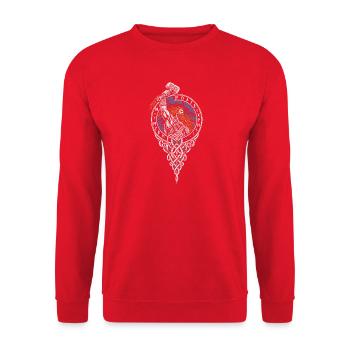 Der Donnergott im Sturm – Runenkreis - Unisex Pullover - Rot - Vorne - Alina (178cm) & Michal (187cm)