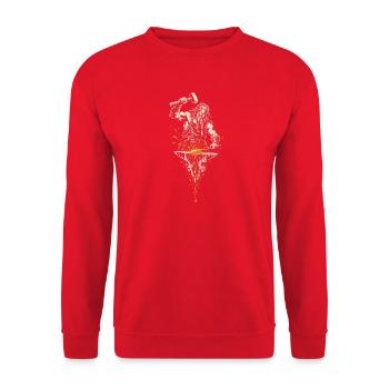 Der Schmied am Amboss – Nordischer Linolschnitt - Unisex Pullover - Rot - Vorne - Alina (178cm) & Michal (187cm)