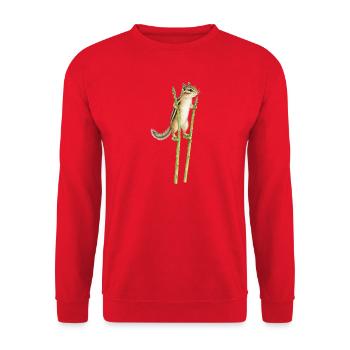 Streifenhörnchen auf Stelzen aus Spargel - Unisex Pullover - Rot - Vorne - Alina (178cm) & Michal (187cm)