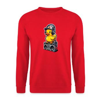 DJ-Ente mit Kopfhörern - Unisex Pullover - Rot - Vorne - Alina (178cm) & Michal (187cm)