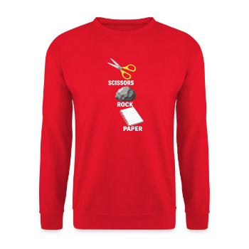 Schere Stein Papier Scissors Rock Paper Spiel - Unisex Pullover - Rot - Vorne - Alina (178cm) & Michal (187cm)