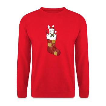 Funny cartoon Christmas sock with bunny - Unisex Sweatshirt - red - Front - Alina (178cm) & Michal (187cm)