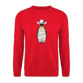 Ein lustiger Pinguin, der sich in einer Lichter - Unisex Pullover - Rot - Vorne - Alina (178cm) & Michal (187cm)