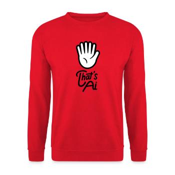 "That's AI" Hand with 6 Fingers Emblem - Unisex Pullover - Rot - Vorne - Alina (178cm) & Michal (187cm)