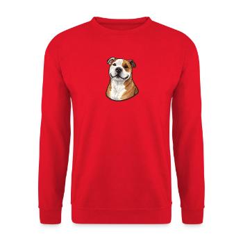 Fröhlicher Bulldoggen Mischling Portrait - Unisex Pullover - Rot - Vorne - Alina (178cm) & Michal (187cm)