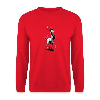 Heilige Qilin – Yokai Sumi-e Hirsch Verfluchte Tintenaugen - Unisex Pullover - Rot - Vorne - Alina (178cm) & Michal (187cm)