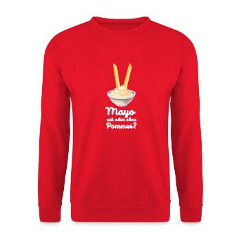 Mayo mit Pommes oder lieber nur Mayonnaise? - Unisex Pullover - Rot - Vorne - Alina (178cm) & Michal (187cm)