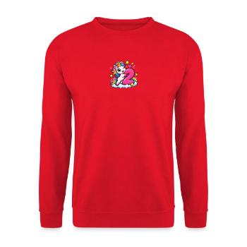 Bunter Einhorn mit Zahl Zwei - Unisex Pullover - Rot - Vorne - Alina (178cm) & Michal (187cm)