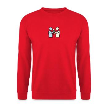 Stolze Eltern mit Baby | Modernes Piktogramm - Unisex Pullover - Rot - Vorne - Alina (178cm) & Michal (187cm)