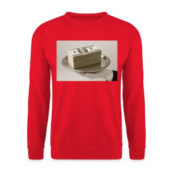 Stapel Geldscheine auf einem silbernen Tablett - Unisex Pullover - Rot - Vorne - Alina (178cm) & Michal (187cm)