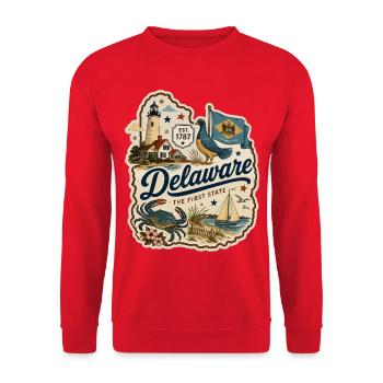Delaware The First State Vintage-Aufkleber - Unisex Pullover - Rot - Vorne - Alina (178cm) & Michal (187cm)