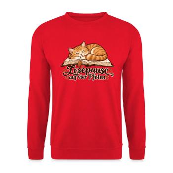 Katze auf dem Buch: Lesepause auf vier Pfoten - Unisex Pullover - Rot - Vorne - Alina (178cm) & Michal (187cm)