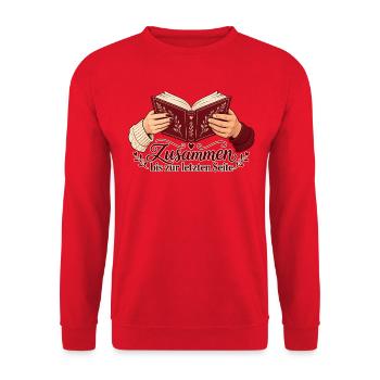 Bücherliebe: Zusammen bis zur letzten Seite - Unisex Pullover - Rot - Vorne - Alina (178cm) & Michal (187cm)