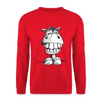 Pferd zeigt endlich Zähne - Lachen - Grins - Pony - Unisex Pullover - Rot - Vorne - Alina (178cm) & Michal (187cm)