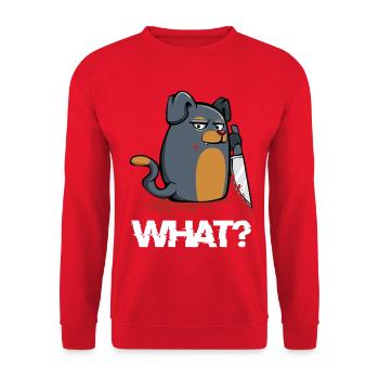 Grimmiges Hunde Haustier mit Messer - Unisex Pullover - Rot - Vorne - Alina (178cm) & Michal (187cm)