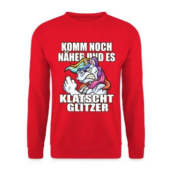 Einhorn komm näher und es klatscht glitzer - Unisex Pullover - Rot - Vorne - Alina (178cm) & Michal (187cm)