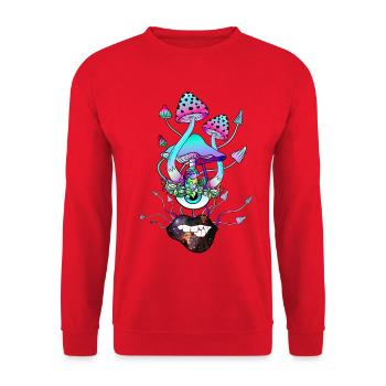 Zauberpilze mit sexy Lippen Pilz Gesicht - Unisex Pullover - Rot - Vorne - Alina (178cm) & Michal (187cm)