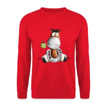 Pferd Im Glück I Pferdemotiv Reiter - Unisex Pullover - Rot - Vorne - Alina (178cm) & Michal (187cm)