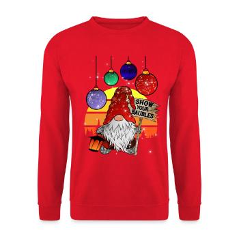 Weihnachts Wichtel mit Christbaum Kugeln - Unisex Pullover - Rot - Vorne - Alina (178cm) & Michal (187cm)