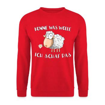 Komme was Wolle - ich Schaf das - Unisex Pullover - Rot - Vorne - Alina (178cm) & Michal (187cm)